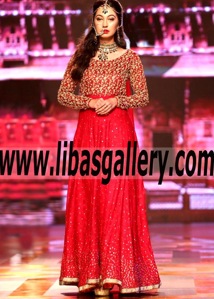 Anarkali Dress for Women long length gown Red Zardozi work on Top bodice UK USa Canada