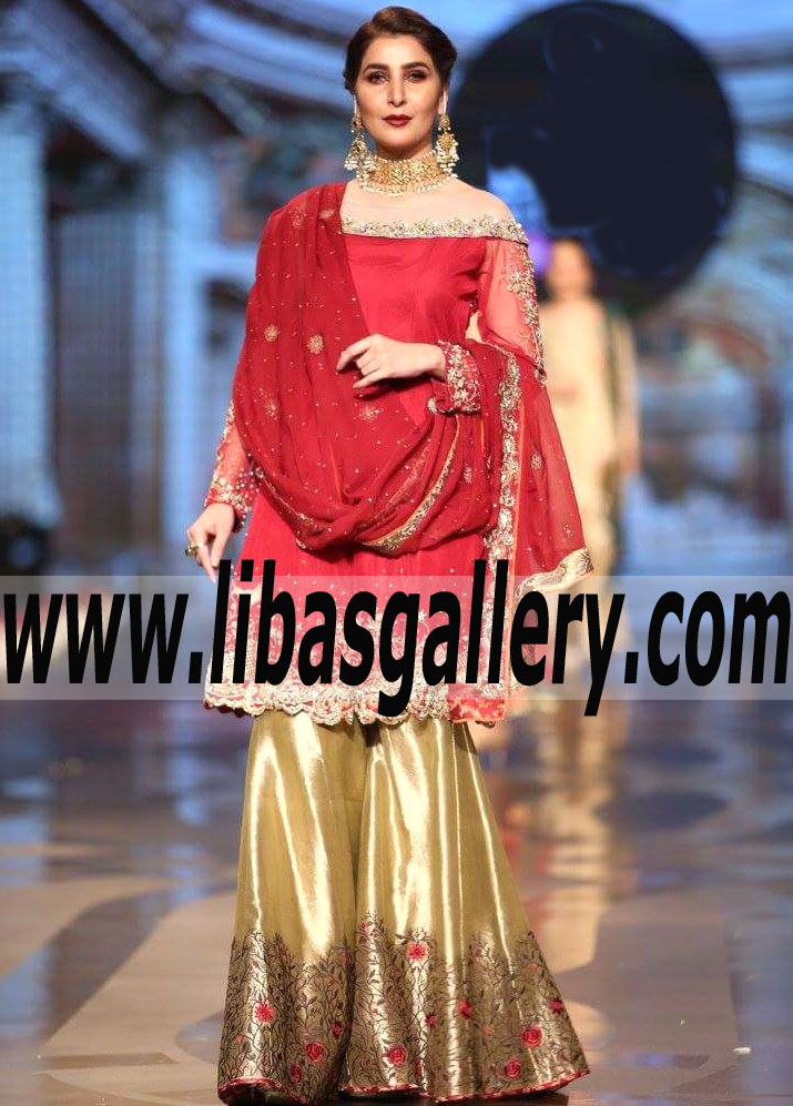 High Fashion Red Gold Occasion Wear Gharara