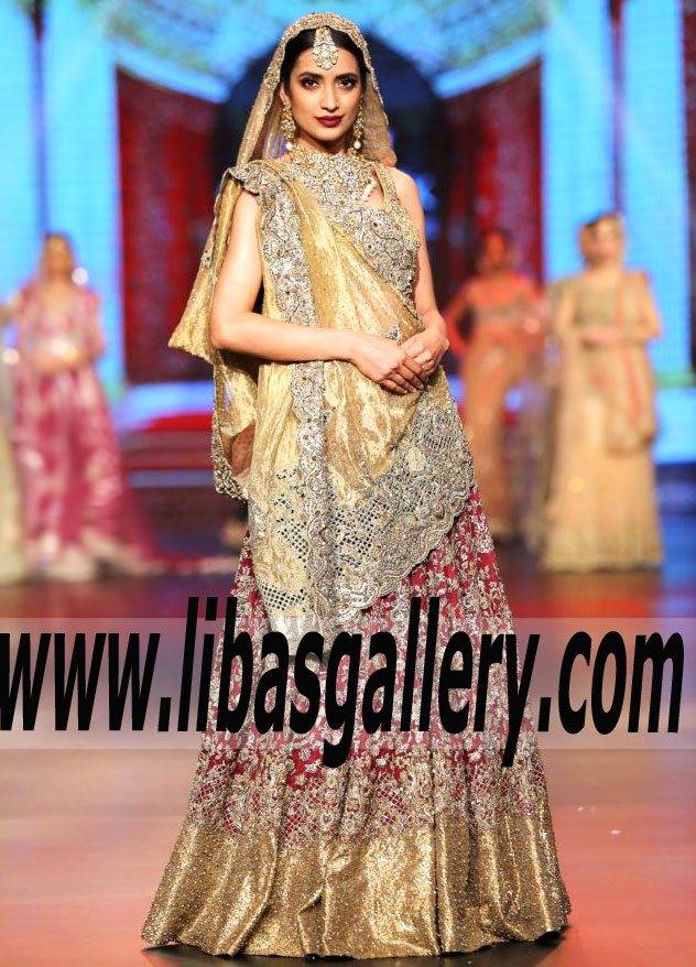 Exquisite Designer Fire brick Zinnia Bridal Lehenga