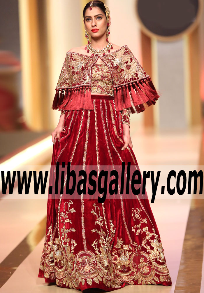 Modern Style Maroon Dahlia Bridal Lehenga
