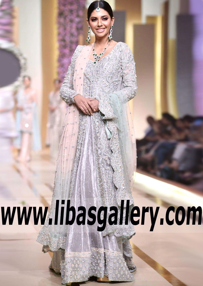 Spectacular Lavender Gray Carnations Bridal Anarkali