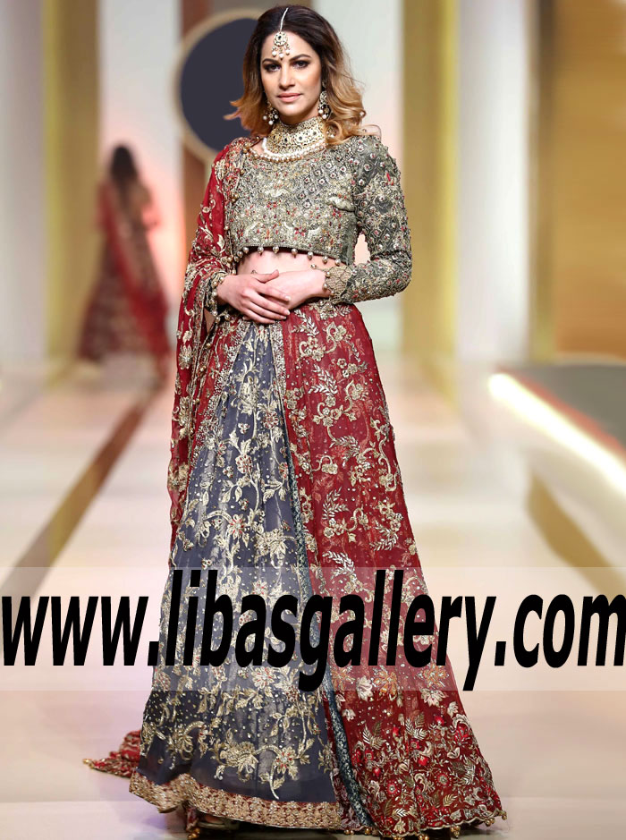 Wondrous Paynes Grey Arum Dual Layered Lehenga