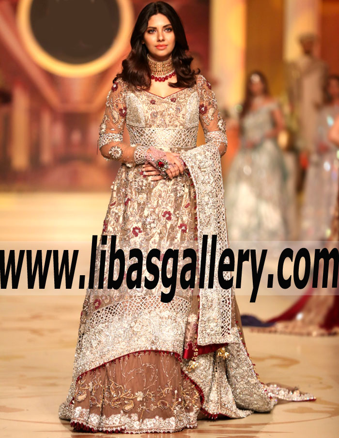 2018 Lajwanti Bridal Dresses A Line Hi-Lo Train Antique Brass Chiffon Lehenga Skirt and embellished Evening Bridal Dresses Formal Gowns France Paris