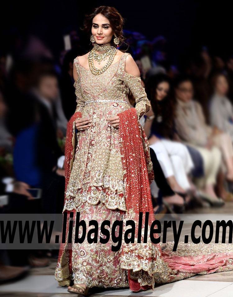 Luxurious Bridal Anarkali Wedding Dress with Cold Shoulder Pakistani Peplum Wedding Dresses South London UK