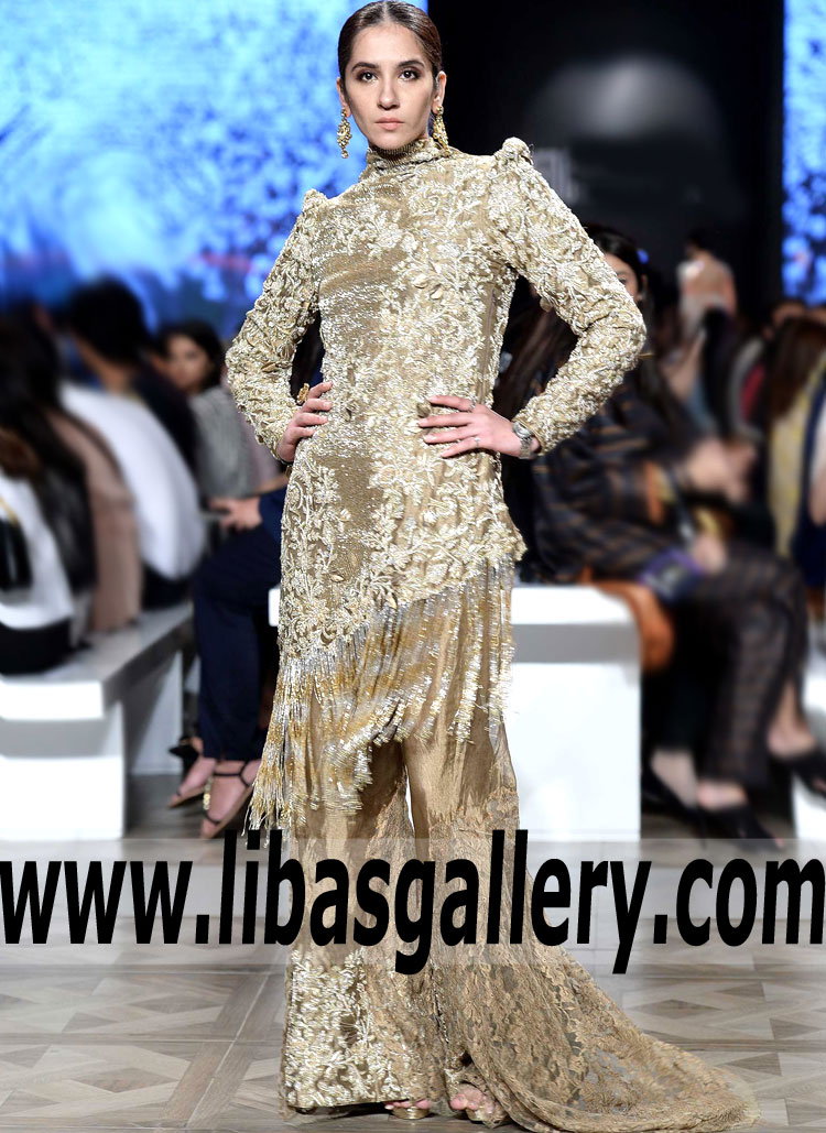 Luxuriously Stylish Spun Gold fringed Evening Outfit