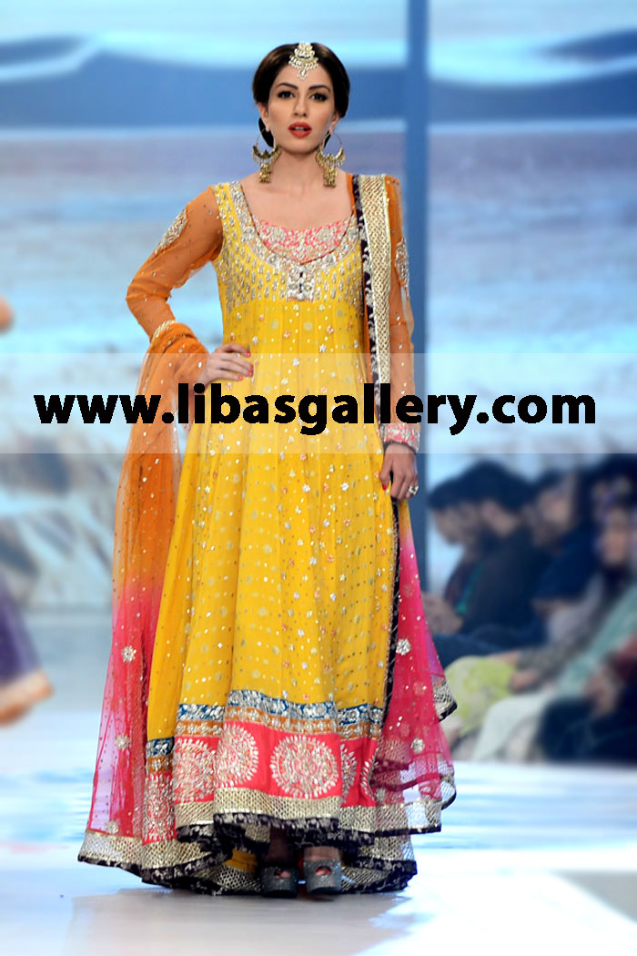 Zainab Chottani yellow for mayon & mehndi Bridal Wear Anarkali Suits Bridal Lehenga, Sharara Party Wear Clothes Gharara at 2014 Bridal PBCW Collection in Milton, Vaughan and Markham, Ontario Canada