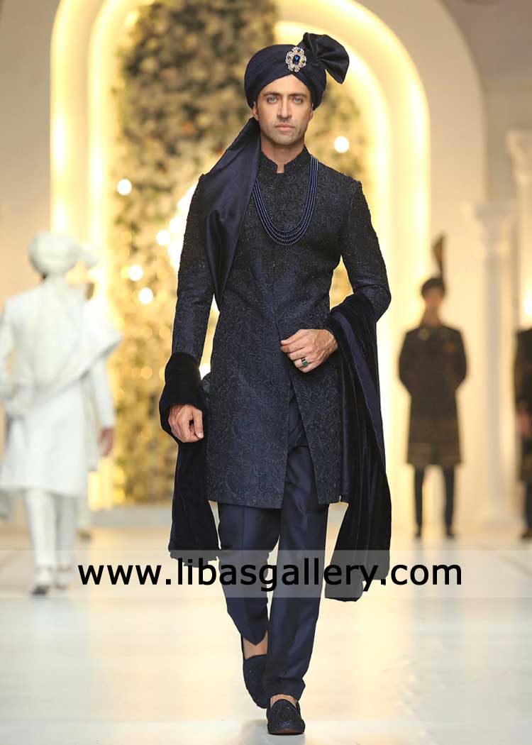 Navy Blue Fancy Embroidered Groom Wedding Sherwani