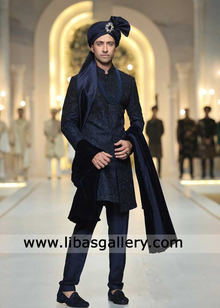 Navy Blue Fancy Embroidered Groom Wedding Sherwani