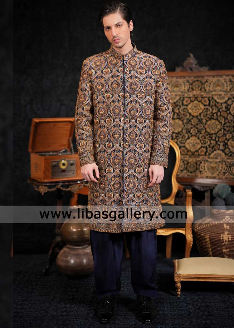 Navy Groom wedding Sherwani with gold and bronze thread hand work on mughal inspired motifs Seattle Boston Illinois USA