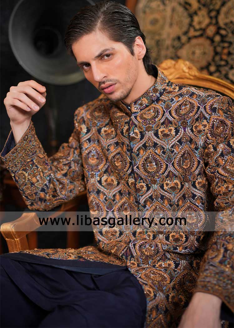 Luxury Navy Sherwani with Mughal inspired Embroidery