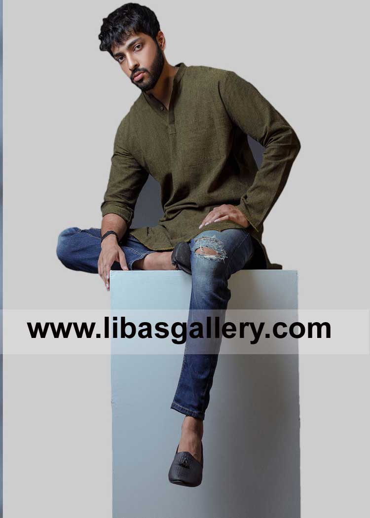 Mehndi Green short length self design Eid kurta for Men