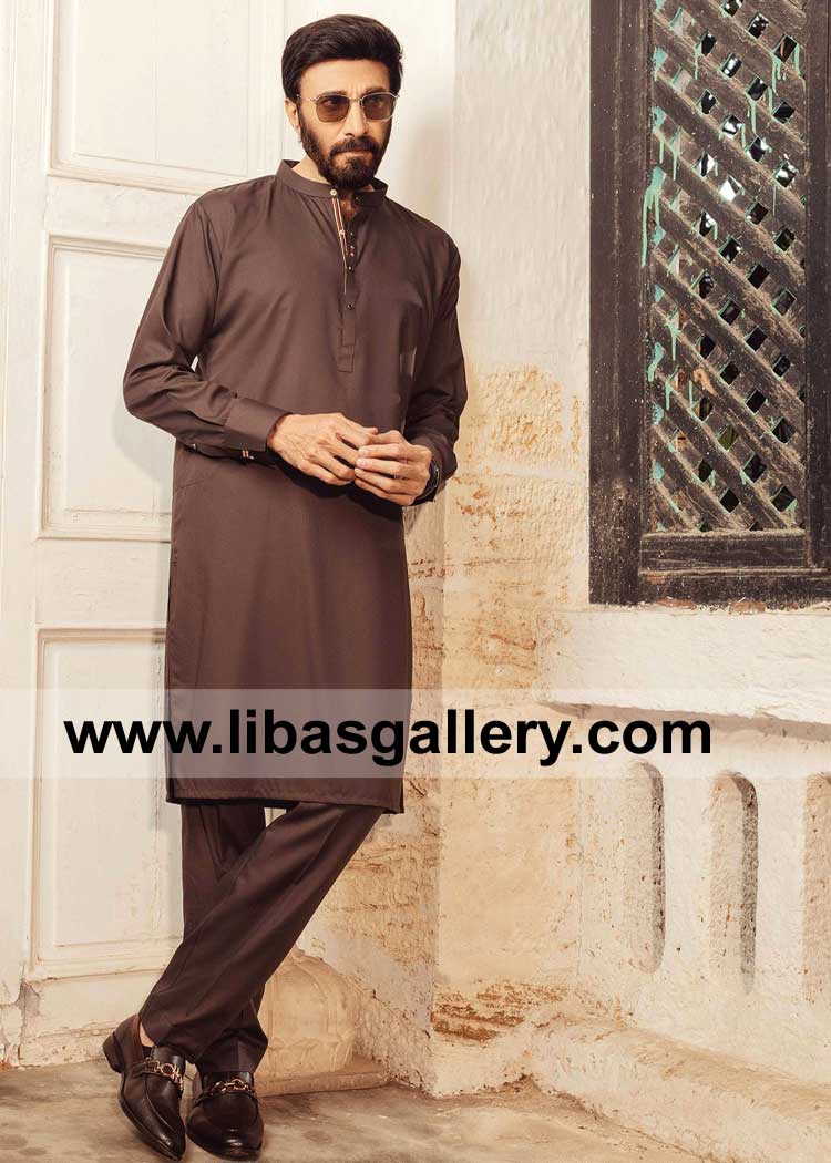 Aijaz Aslam wearing wash n wear Men kurta with cuff and trouser beautiful designing on collar Patti best for Eid and Party UK USA Canada
