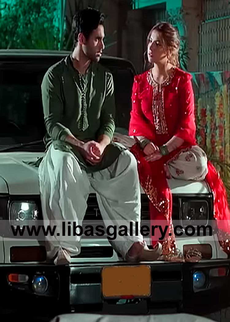 Green Men Kurta with Series of Loop Buttons with white Shalwar