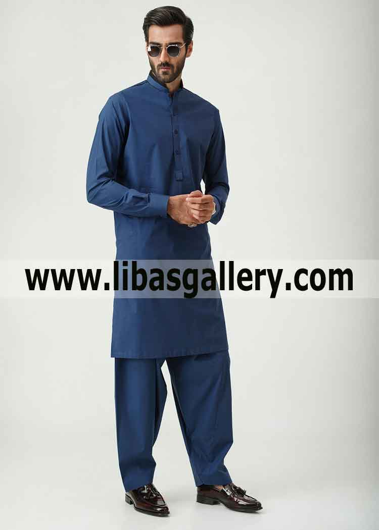 Amazing Blue kurta shalwar design with kameez cuff style