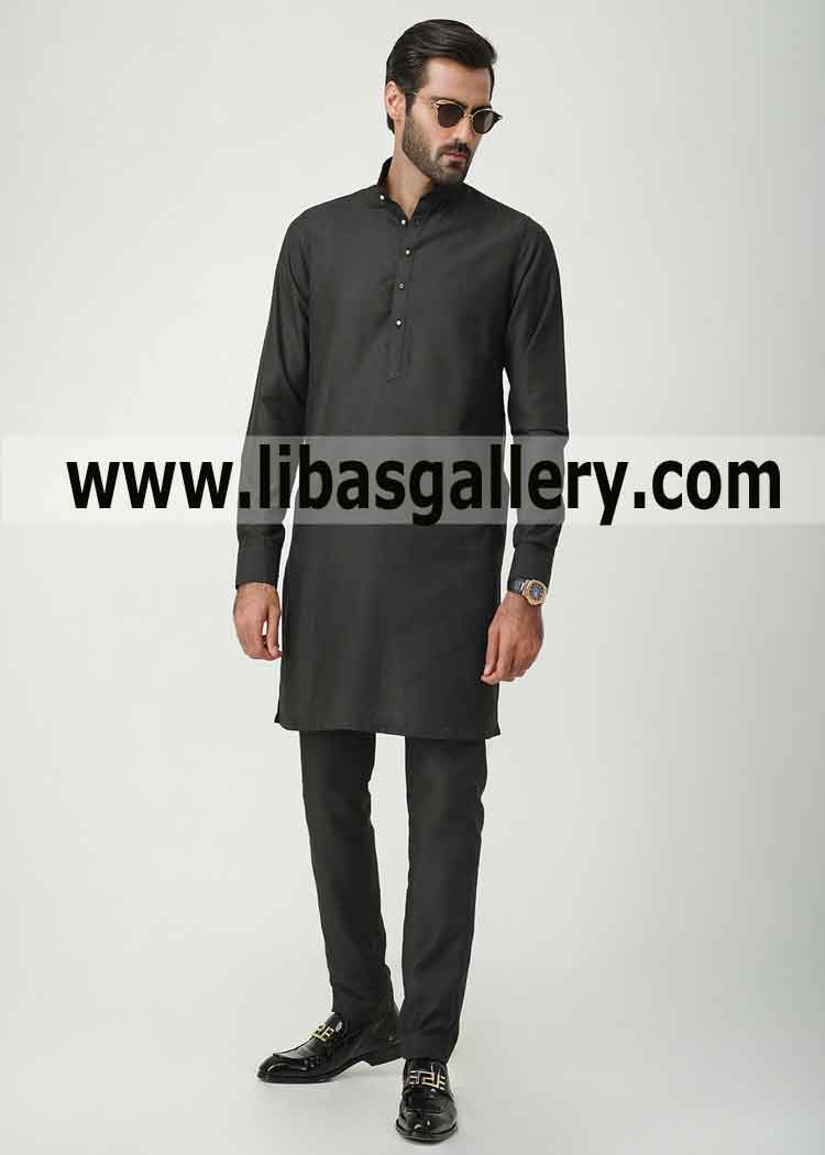 Black kameez style cuff kurta pajama with white buttons