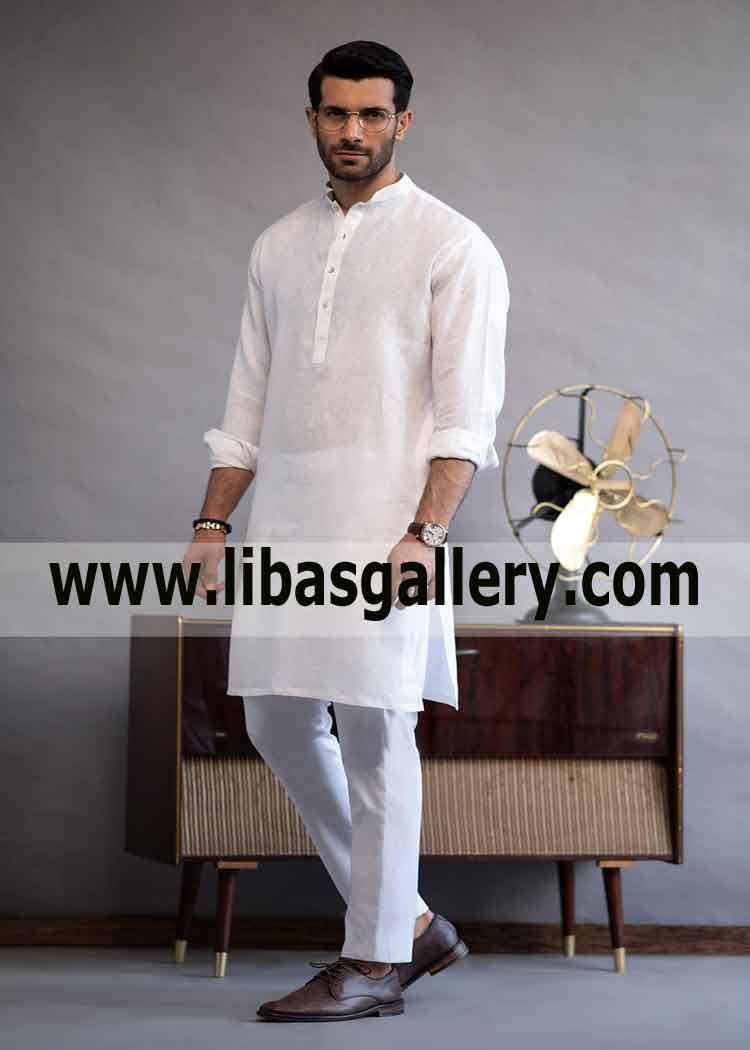 Hot weather Fabric White Plain Kurta Pajama for Male