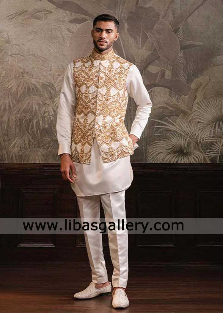 Off White and Gold Embroidered Waistcoat for Groom