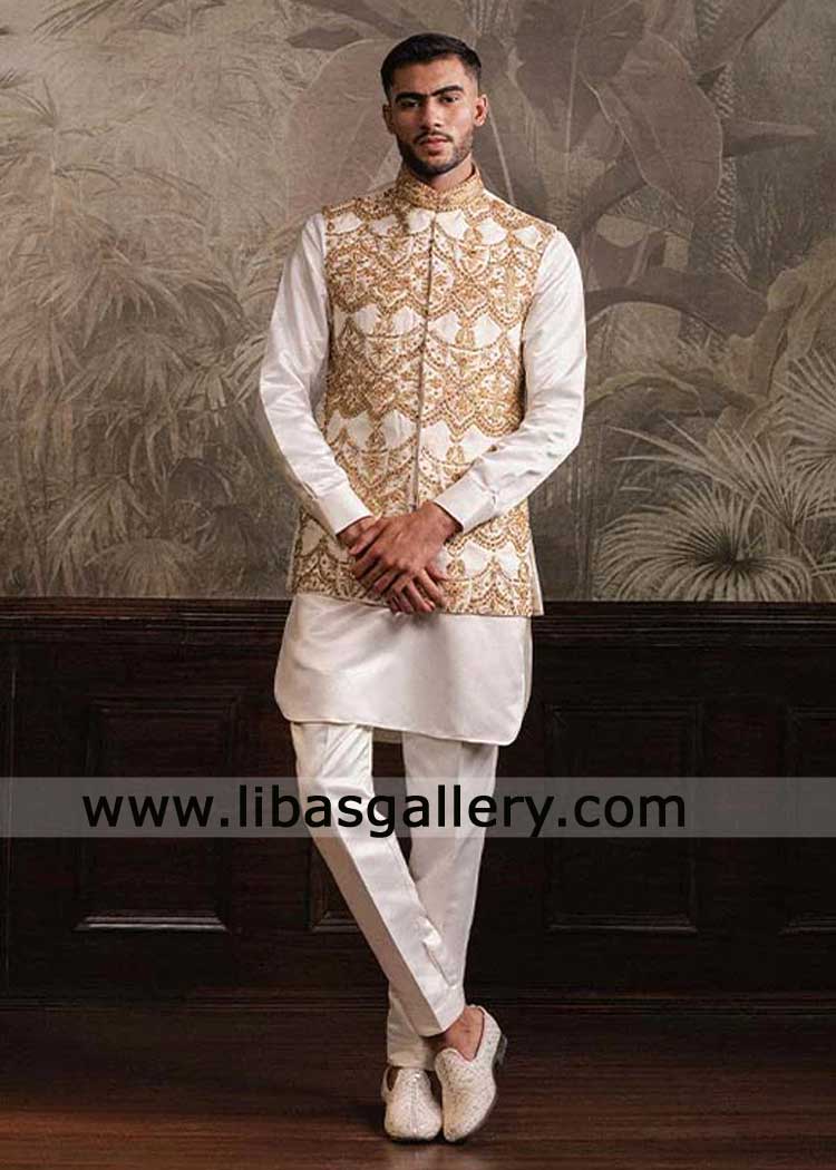Off White and Gold Embroidered Waistcoat for Groom