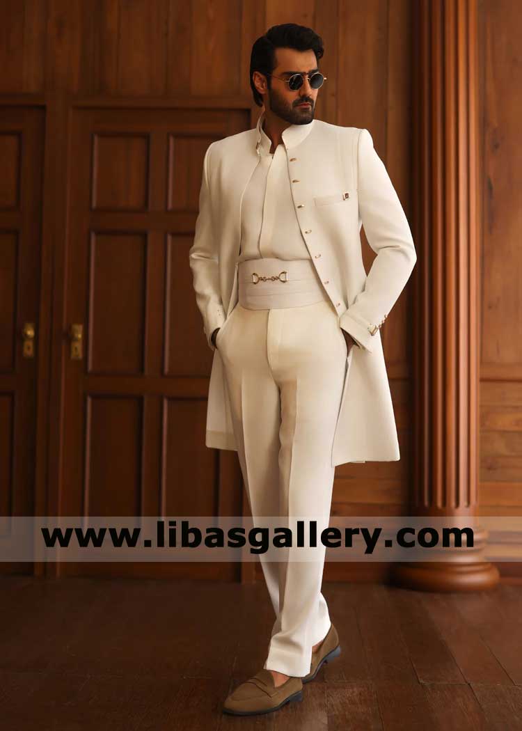 off white classic modern suiting fabric groom sherwani for nikah day paired with same fabric pants Chicago Toronto Sydney Dubai London Oslo