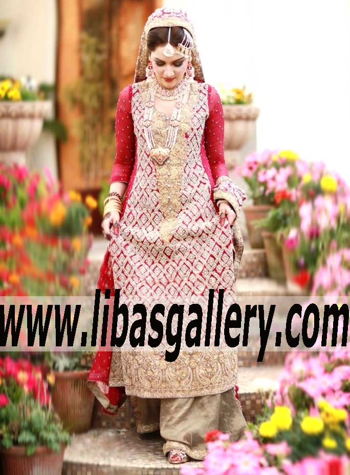 Delightful South Asian RED Bridal Suit with Embellished Sharara