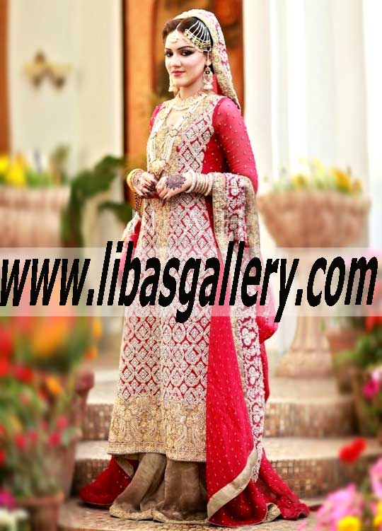 Delightful South Asian RED Bridal Suit with Embellished Sharara