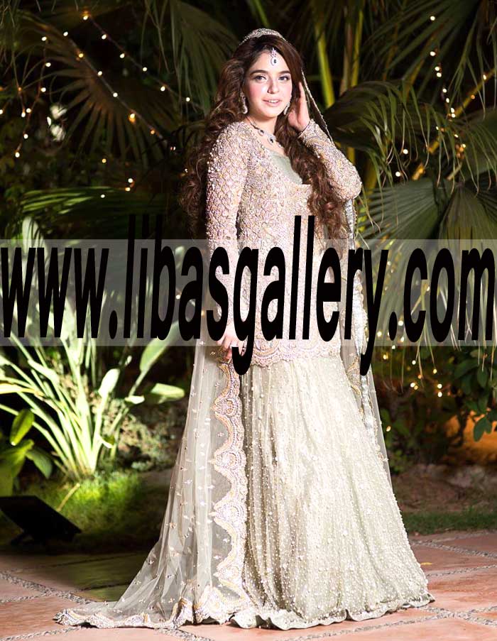 pure chiffon and pure french lame zari fabric wedding sharara and lehenga outfits for nikah barat bride kuwait qatar saudi arabia oman