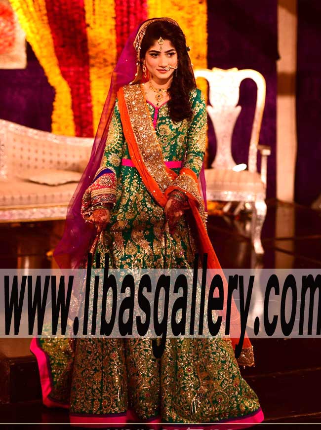 Luxurious Bridal Wear with heavy and intricate embellished Lehenga for Special Occasion and Mehndi Event