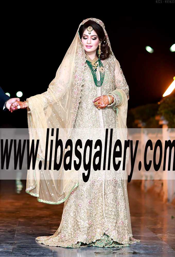 Outstanding Bridal Wear Chapel Train Gown for Reception and Valima Event