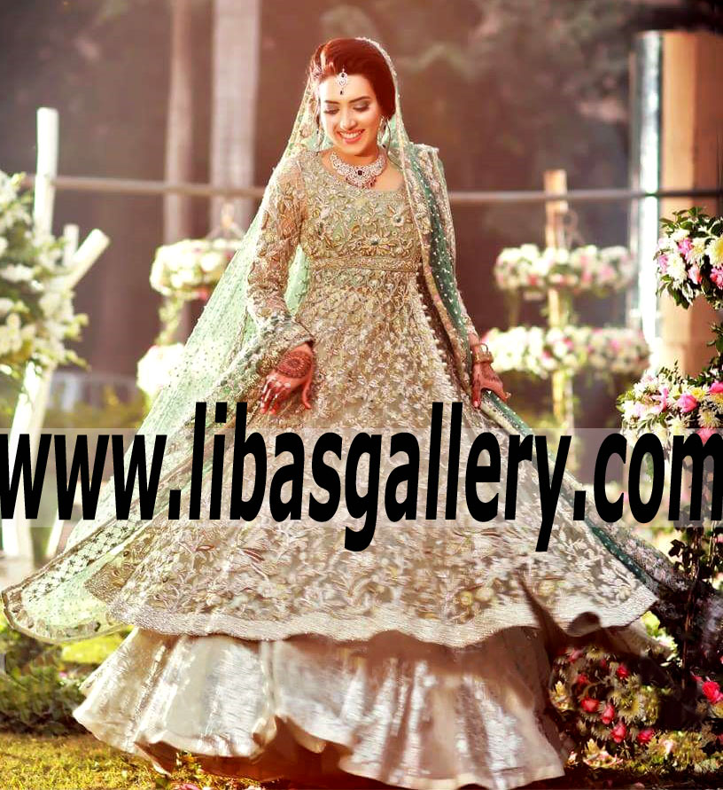 Glamorous Flared Bridal Top with Lehenga for Reception and Valima