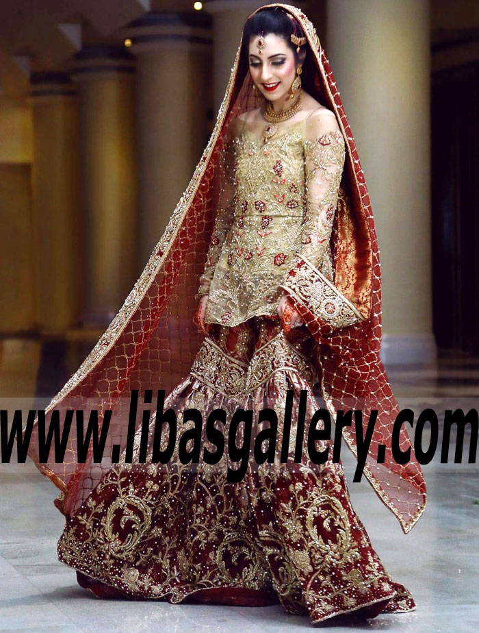 Awesome UP Maroon Pakistani Wedding Gharara Peplum