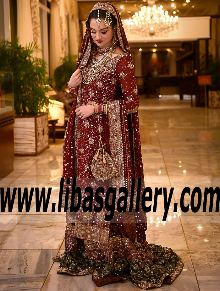 On Trend Maroon Pakistani Wedding Farshi Gharara