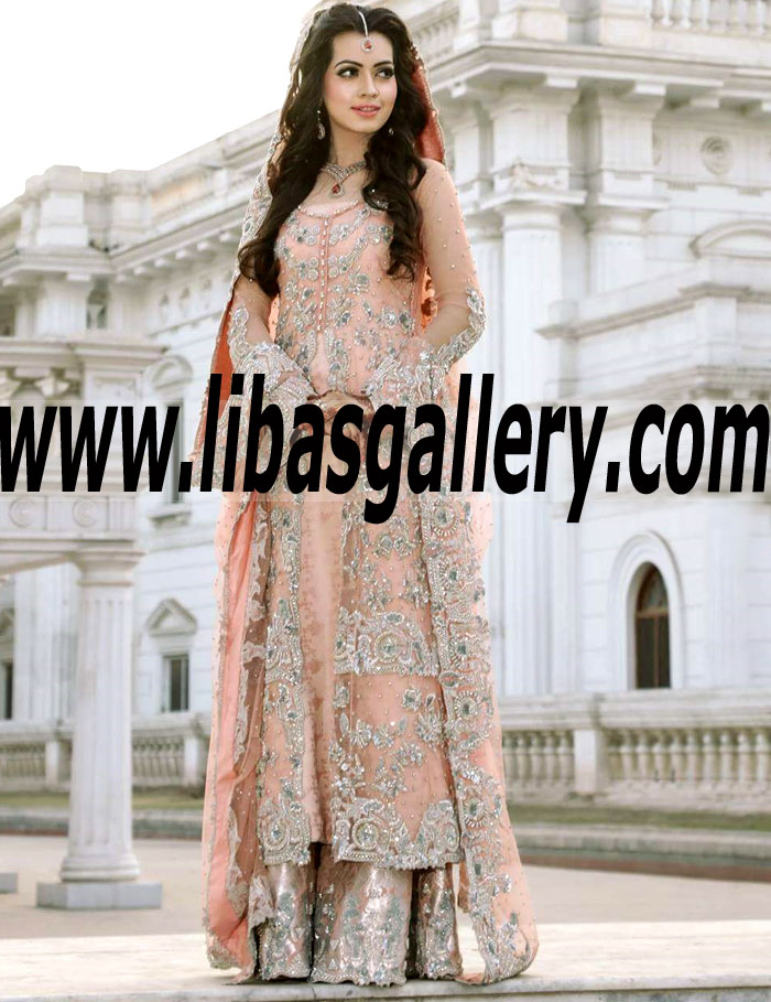 Beauteous Peach Pakistani Bridal Lehenga