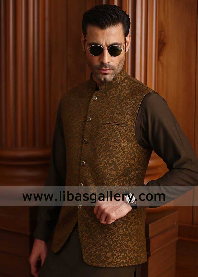 Olive Delicate Waistcoat Embroidered for Men Wedding