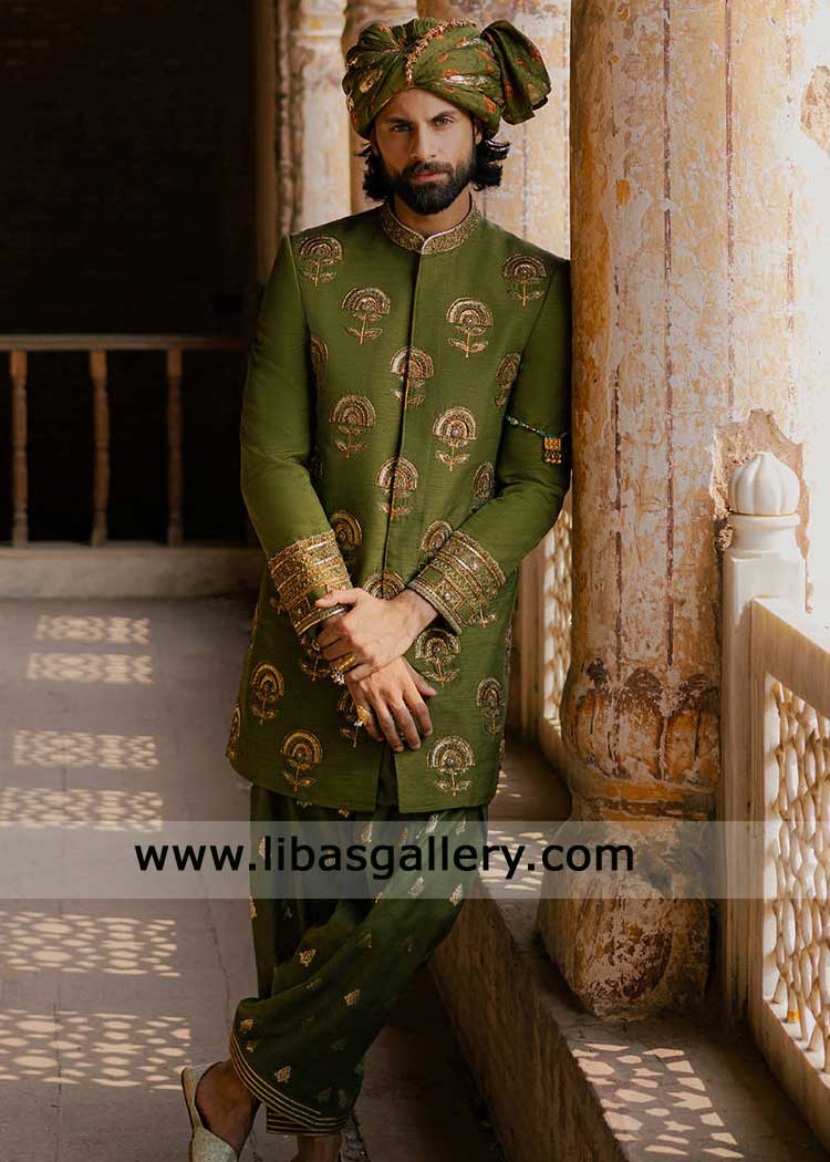 Olive Green Tansen Short length groom wedding sherwani