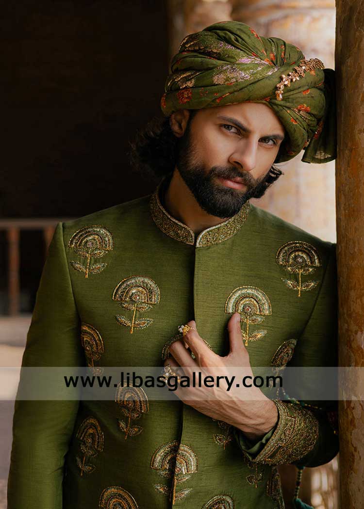 Olive Green Tansen Short length groom wedding sherwani