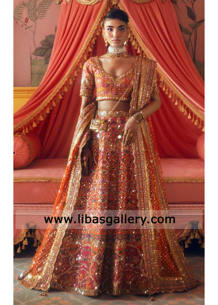 Luxury orange Wedding lehenga choli with Mirror work