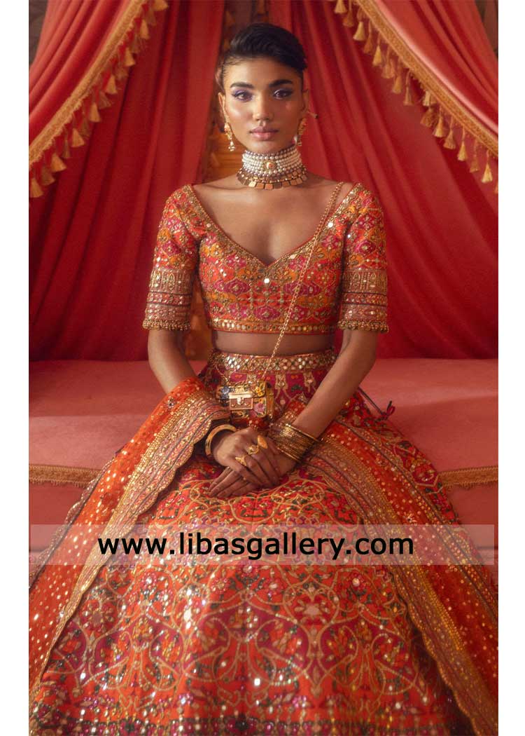 Luxury orange Wedding lehenga choli with Mirror work