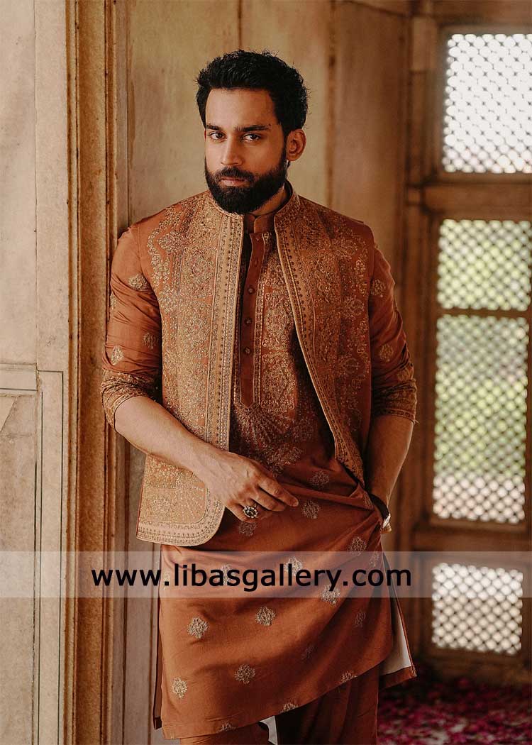 Orange embroidered waistcoat rounf hem style