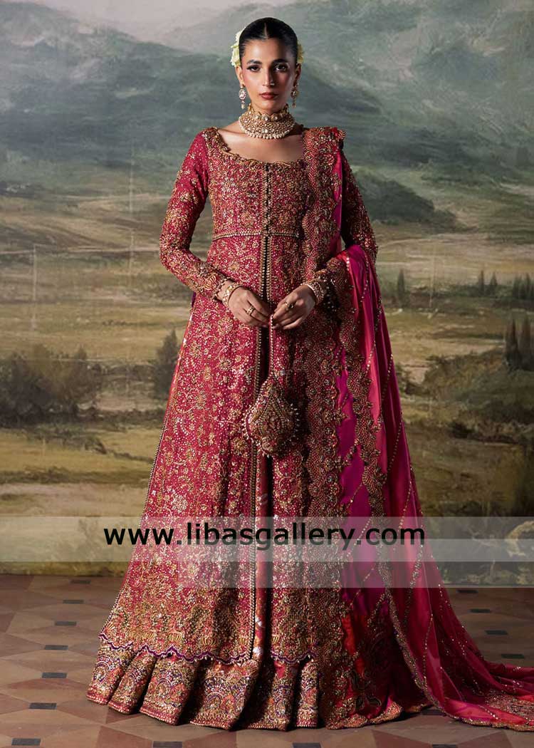 Pakistani pink bridal Shirt with Silver Gold Jamawar Lehenga | Nikah Wear