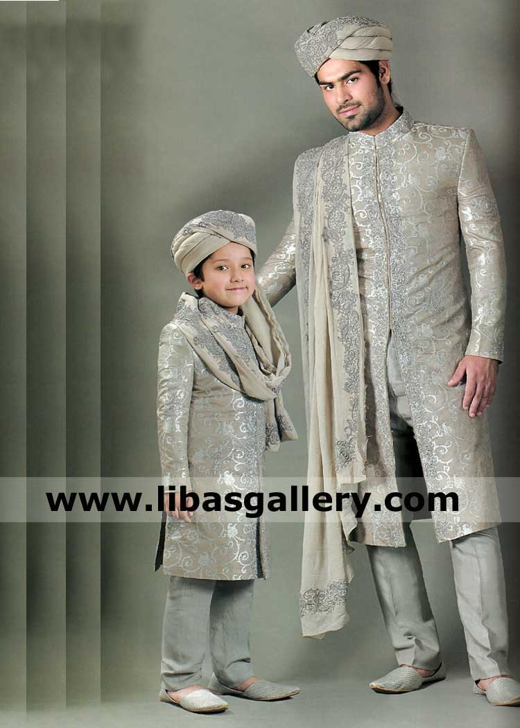 Silver Jamawar Premium Groom Traditional Sherwani
