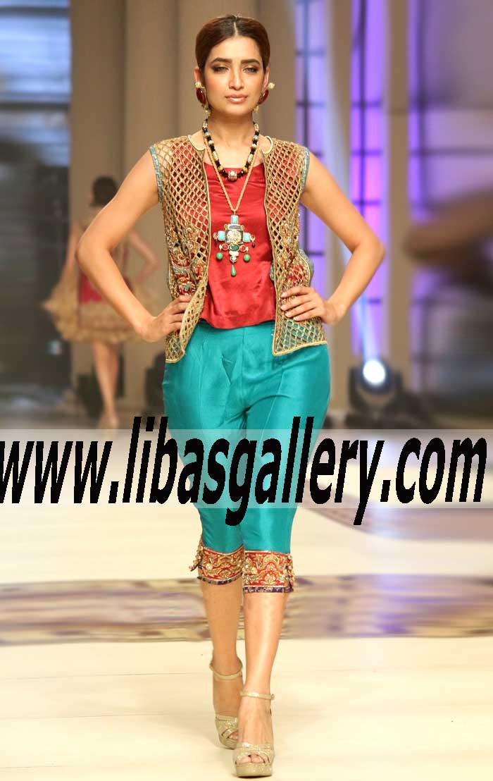 Fabulous Looking Designer Party Dress with Embroidered Cropped Trouser unbeatable value and fabulously flattering fit
