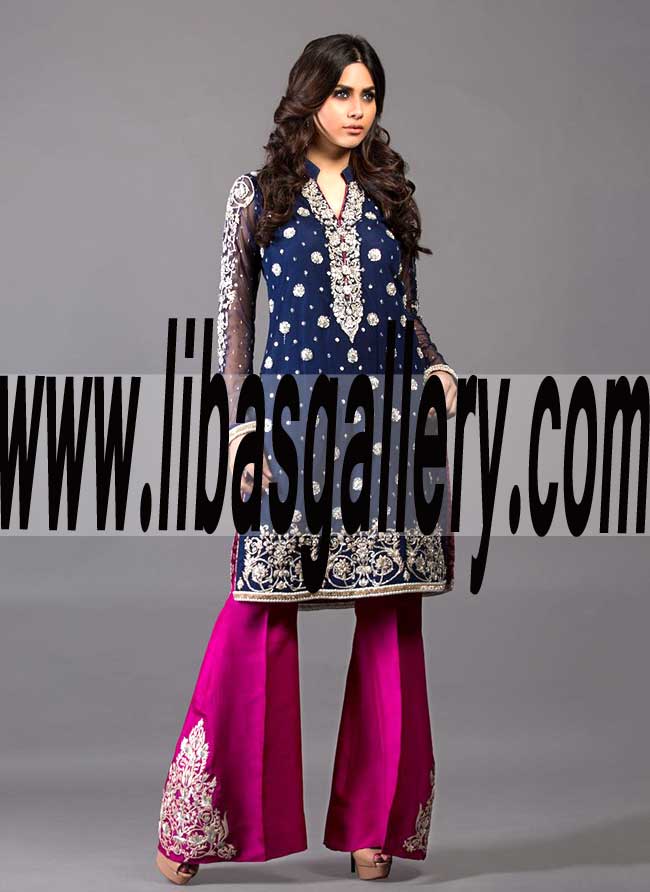 Irresistible DEEP BLUE WITH MAGENTA BELL BOTTOMS for Evening and Formal Events
