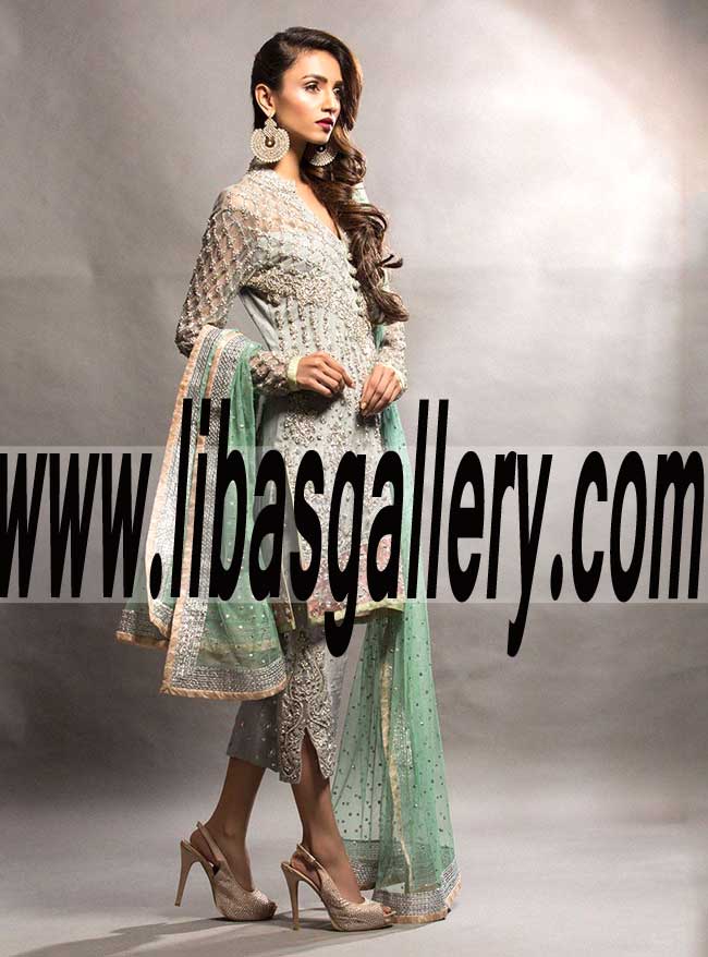 Graceful GREY SHORT SHIRT WITH MINT DUPATTA Party Dress for Evening and Social Events