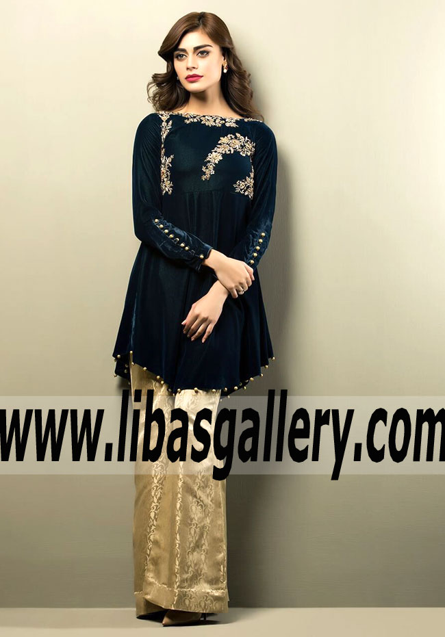 Elegant TEAL SHADOW Velvet Dress with Beautiful Embellishment for Wedding and Special Events