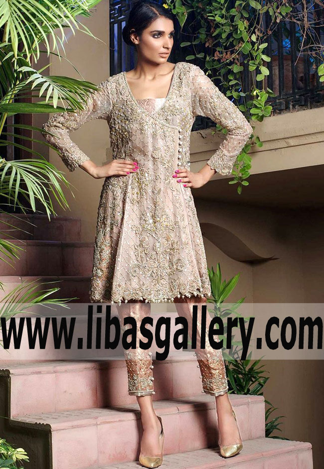 Enchanting PEARL ALABASTER Tea Pink Angrakha Party Dress for Wedding and Engagement