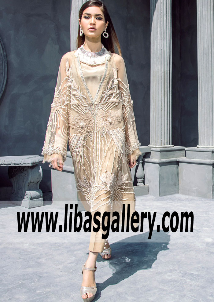 Latest Pakistani Designer Party Dresses in Beige Color Latest Pakistani Wedding Party Dresses 2018-19 by Elan