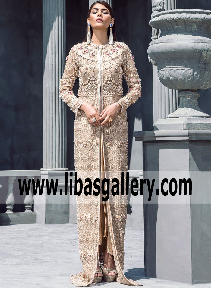 Elan Medallion Khaki Gown Party Wears Toronto Canada Pakistani Party Wear