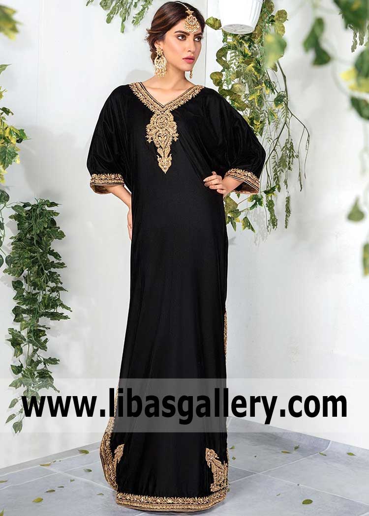 Black Velvet Embellished Kaftan for Party and Formal Occasions