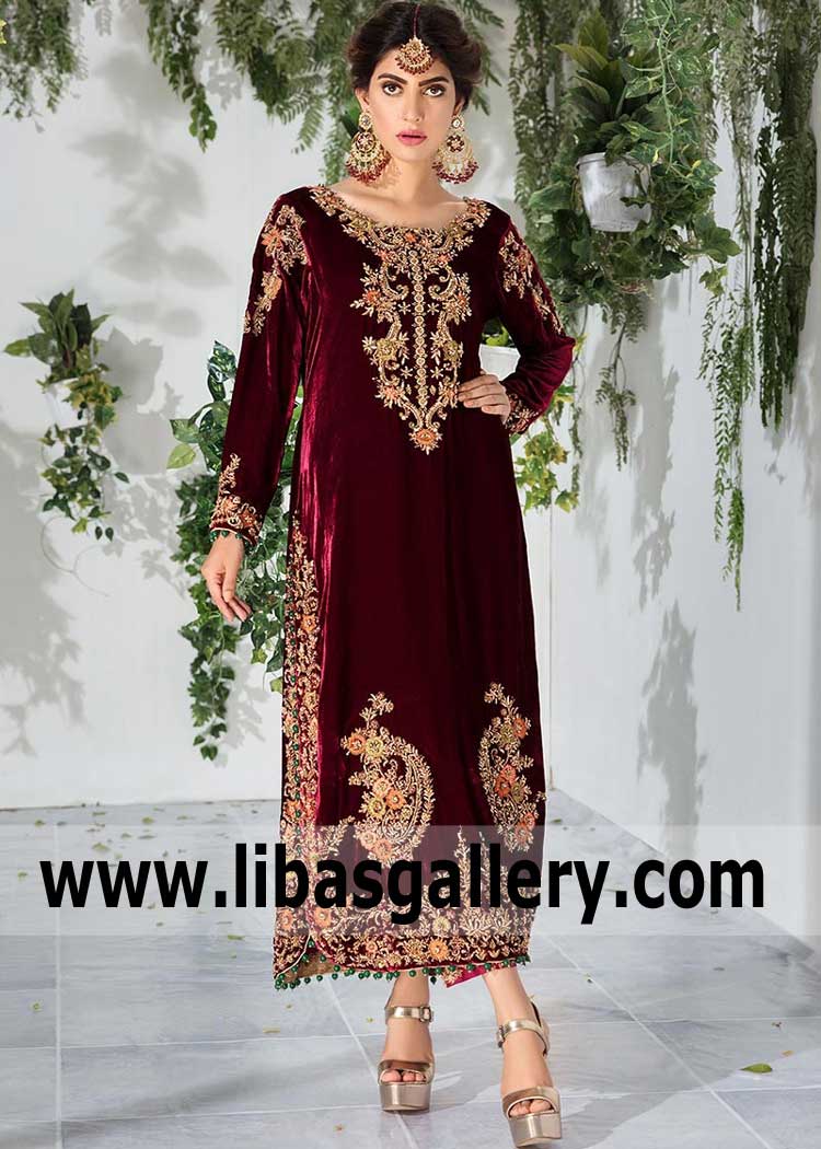 Luxurious Maroon Velvet Heavily Embellished Dress for Evening and Formal Events