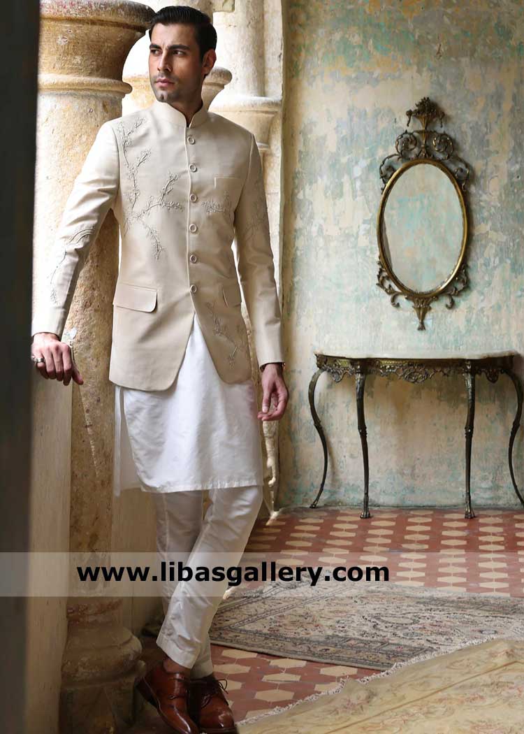 Premium Embroidered Beige prince coat Style